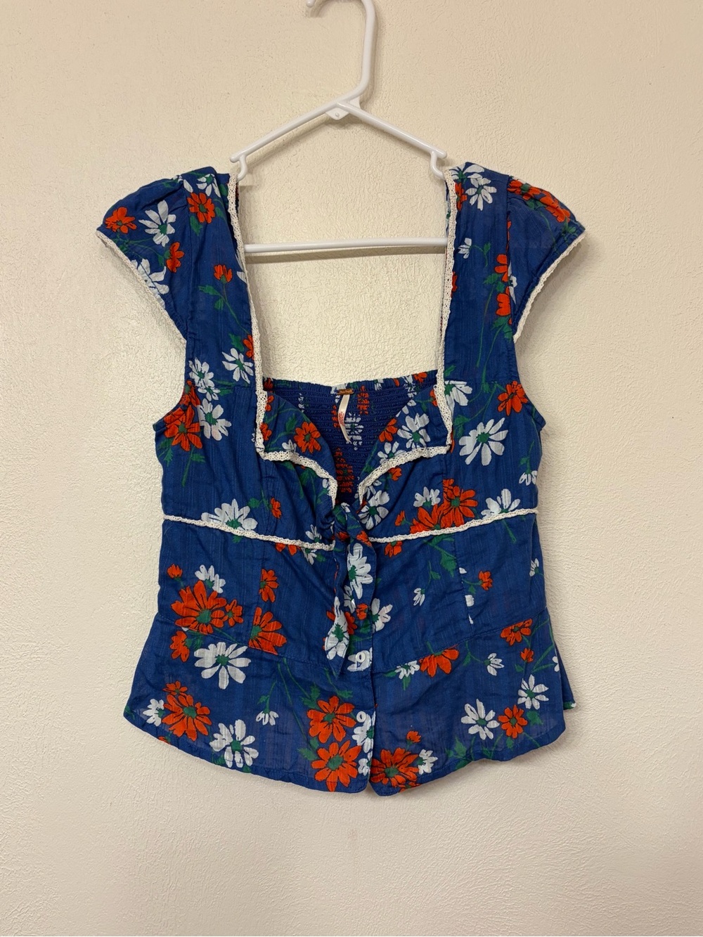 Free People Women’s Blue Floral Tie Front Peplum Top Cottagecore Boho Size M